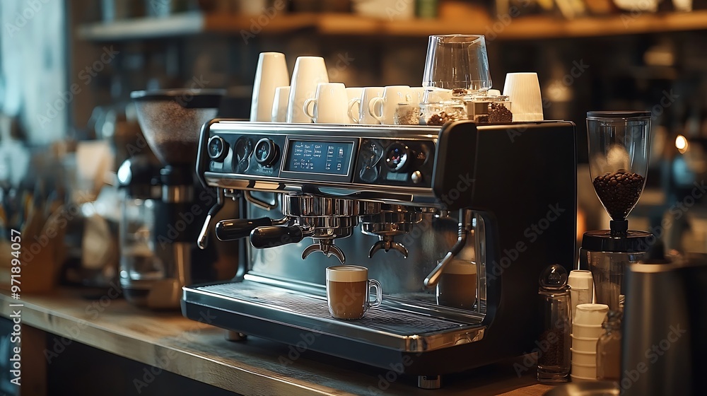 Poster Barista is making espresso coffee with an automatic coffee machine Ready to serve customers in the cafe the aroma of fragrant coffee throughout the shop Refreshing Is a business of the : Generative AI