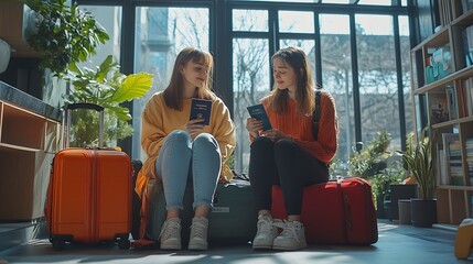 Two women sitting on the floor with suitcases Both of them were checking their passports They are planning to go on vacation : Generative AI