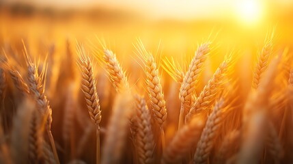 Beautiful landscape of golden wheat field with sunset natural background : Generative AI