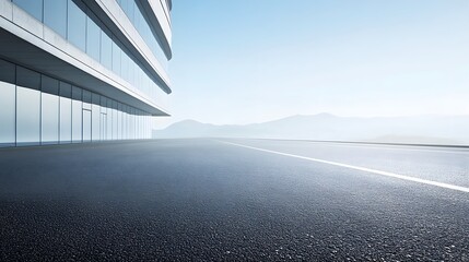 Fototapeta premium Modern Glass Building with Empty Asphalt Road and Misty Mountains in Background