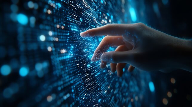Digital cyber era technology concept Human hand touching interconnected polygons of massive amounts of data glowing on a dark blue background New innovations that are coming to change  : Generative AI