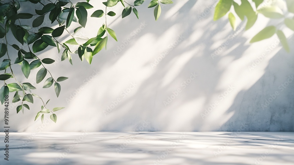Poster background studio white wall cement with leaves shadow and marble floorempty grey concrete studio ro