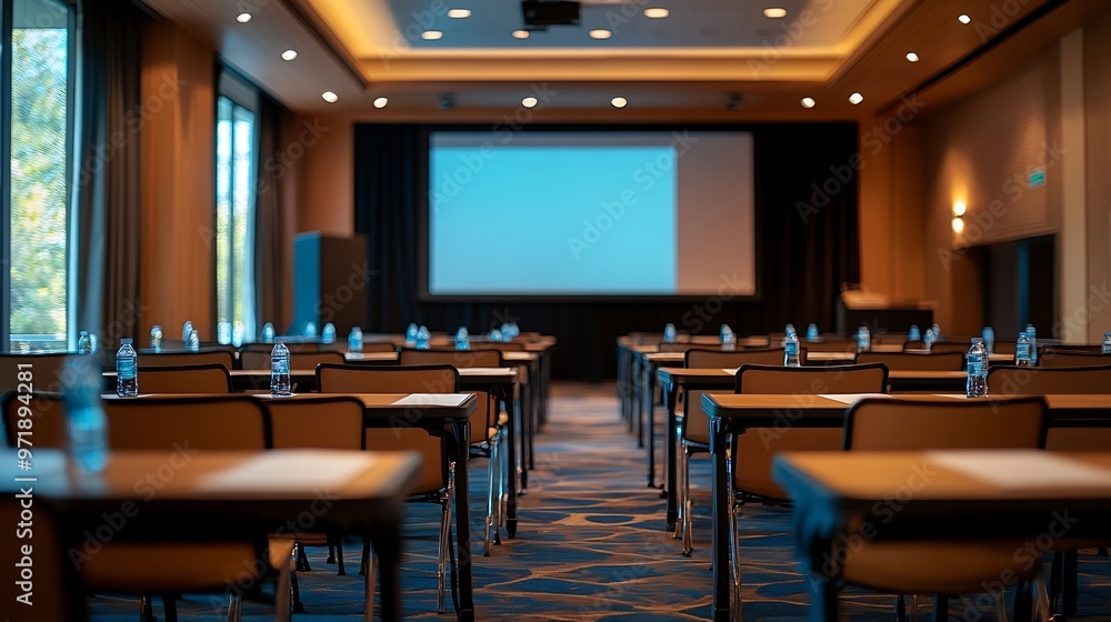 Poster empty conference room with screen banner table and chairs business meetings forums and presentations