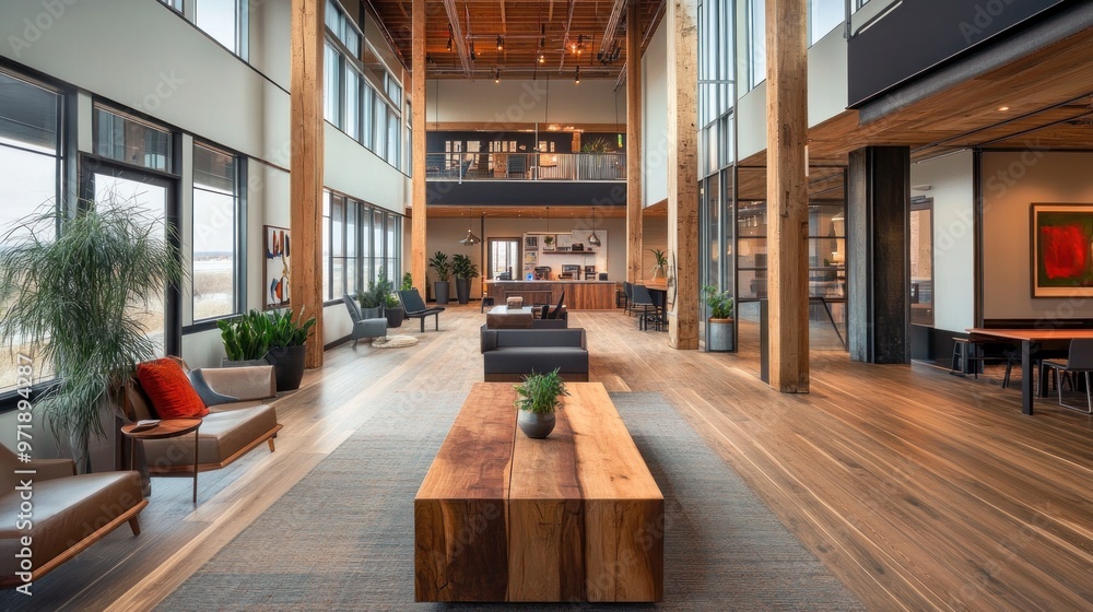 Wall mural modern office lobby with large windows and wooden beams