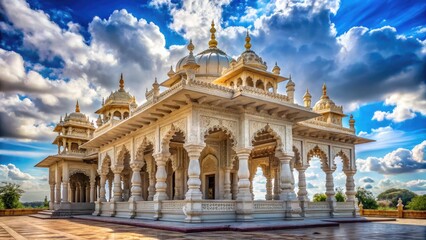 Obraz premium Intricately decorated ornate historic temple building with pillars, arches, and ornamental details, set against a serene blue sky with fluffy white clouds, evoking a sense of reverence.