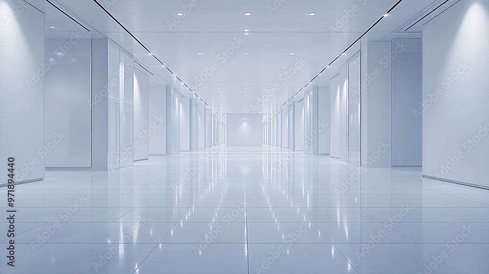 Poster bright white large room with white walls and white blank tile floor illuminated with spotlights illu