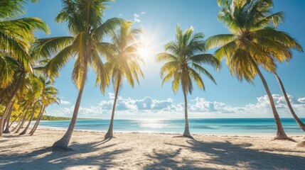 A beach with palm trees and a clear blue ocean