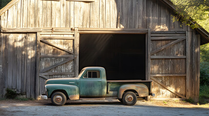 A 1950s pickup truck parked near a rustic barn with sunlight streaming through the barn doors.