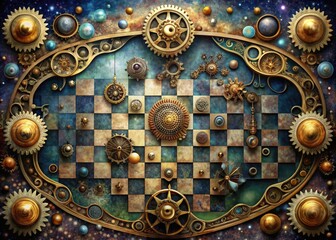 Intricately designed illustration of a chessboard with ornate pieces, surrounded by scrolls, cogs, and celestial bodies, blending medieval and steampunk elements in a whimsical fantasy scene.