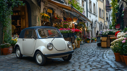 A 1960s European microcar parked on a cobblestone street with a café and flower market in the background.