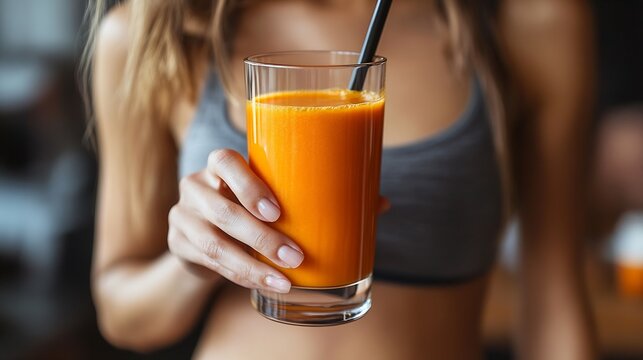 Orange detox juice good digestive young woman hand on stomach belly with glass of vegetable juice carrot smoothie for diet girl drinking healthy meal food for weight loss isolated on b : Generative AI