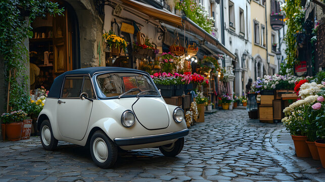 A 1960s European microcar parked on a cobblestone street with a café and flower market in the background.