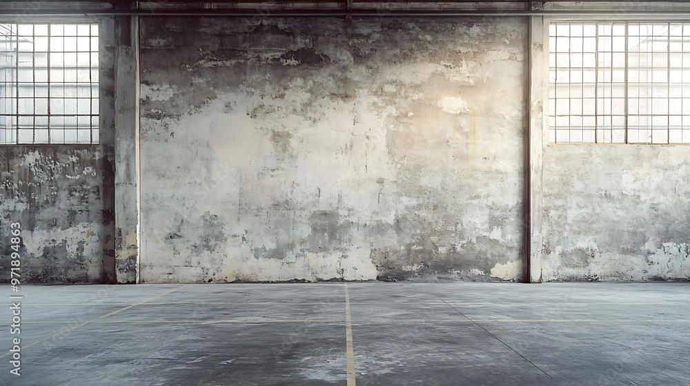 Poster empty warehouse room with grungy stucco concrete wall floor room as background corner of old grunge 