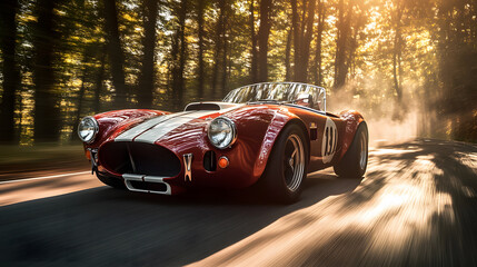 A 1960s Shelby Cobra race car speeding through a forested track with sunlight filtering through the trees and reflecting off the cars polished surface.
