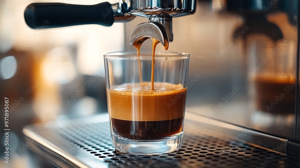 Poster process of making coffee by coffee machine into glass transparent cup espresso coffee coming out fro