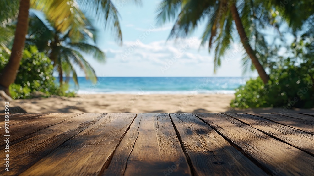 Poster Empty wooden table with blurred beach with coconut trees in the background : Generative AI