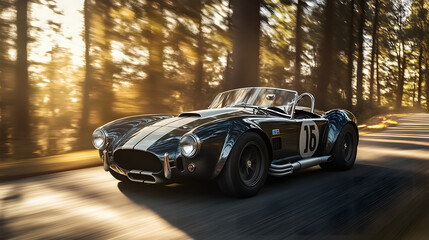 A 1960s Shelby Cobra race car speeding through a forested track with sunlight filtering through the trees and reflecting off the cars polished surface.