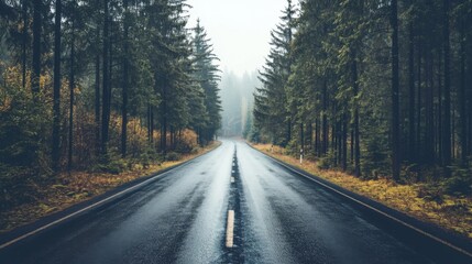 Fototapeta premium A road with trees on both sides and a wet road