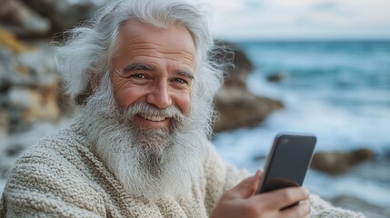 Obraz premium Closeup portrait of cheerful senior bearded man using smartphone in video call sitting outdoors at sea beach enjoying freedom vacation or retirement concept : Generative AI