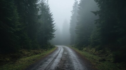 Fototapeta premium A road in the woods with foggy weather