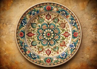 Intricately detailed, hand-drawn illustration of a decorative ceramic plate adorned with ornate patterns, florals, and scrollwork, set against a soft, muted background with subtle texture.