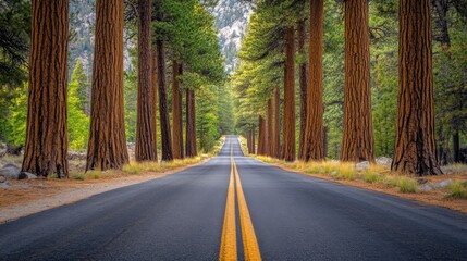Fototapeta premium A road with a yellow line down the middle and trees on both sides