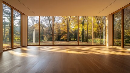an empty room with wood flooring and large windows looking out onto the trees in the photo is taken from inside : Generative AI
