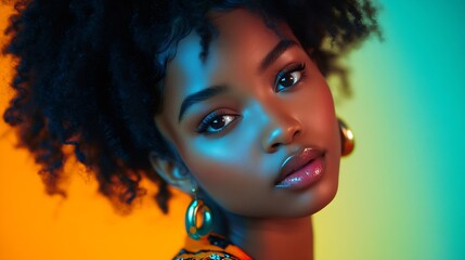 Beautiful african american woman with afro pigtails hairstyle and stylish clothes  Portrait of young black girl in studio creative colorful lighting technique on colored background in  : Generative AI