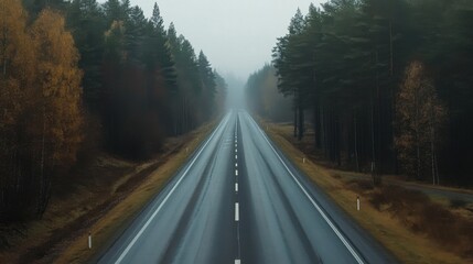 Fototapeta premium A road with trees on both sides and a foggy sky