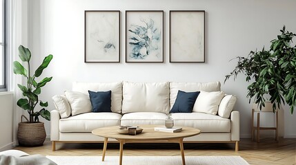 Interior of living room with comfortable sofa coffee table and pictures on white wall : Generative AI