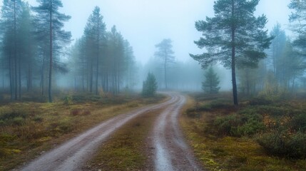 Fototapeta premium A foggy forest with a dirt road leading through it