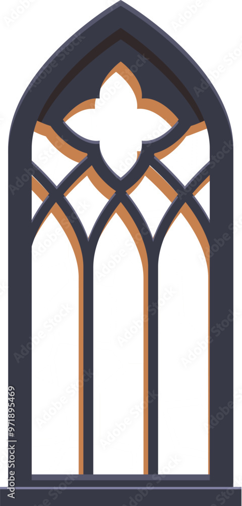Poster tall gothic window with a stone arch featuring a clover pattern is standing tall