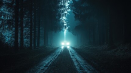 A dark forest road with headlights on