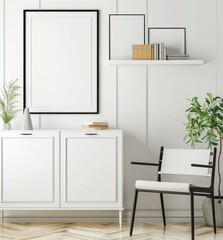 Minimalist interior design with white furniture, black frame mockup, and decorative items. Modern and stylish living room or home office space.