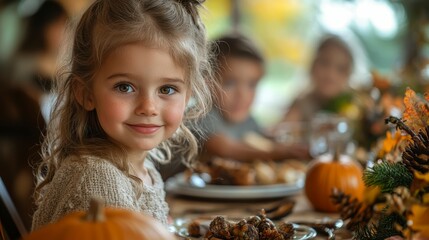 A cheerful girl at a festive autumn table with pumpkins and food.