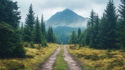 Obraz premium A road in the woods with a mountain in the background