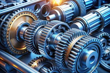 Intricate mechanical gearbox illustration featuring interlocking cogs, wheels, and pistons in a complex system, highlighting precision engineering and industrial design concept.