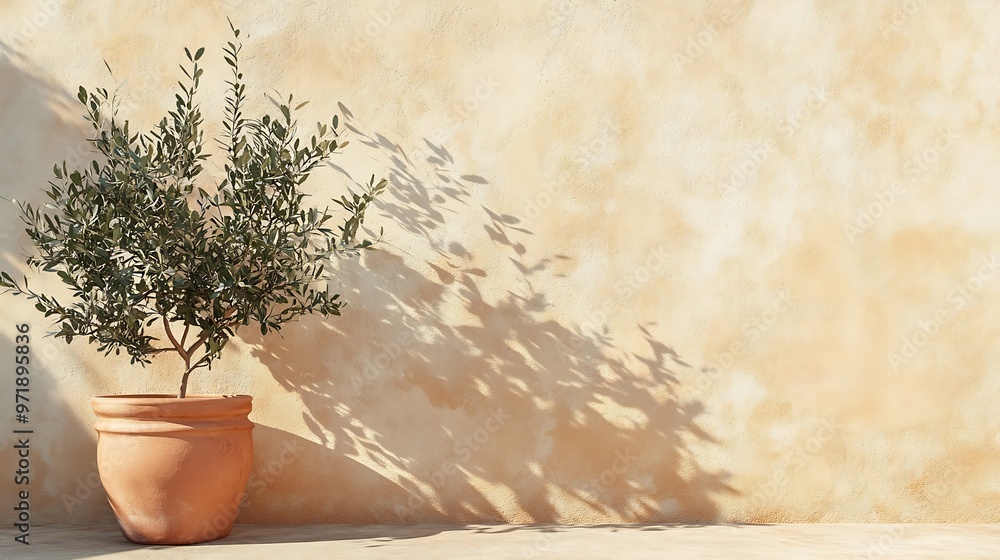 Poster olive tree shadow on beige rustic wall with clay pot summer mediterranean traditional home architect