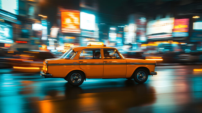An old-fashioned taxi cab driving through a bustling city street at night with neon lights reflecting on its surface.