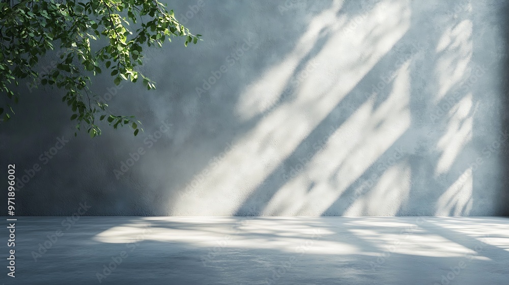 Aufkleber empty abstract room corner with sunlight beams and trees leafs shadows room made of concrete floor a