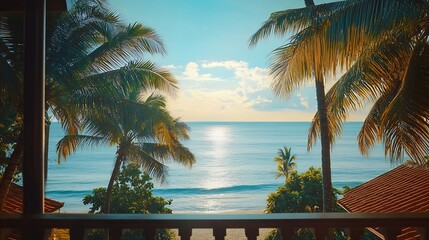 Ocean and palm trees view from balcony Tropical luxury resort : Generative AI