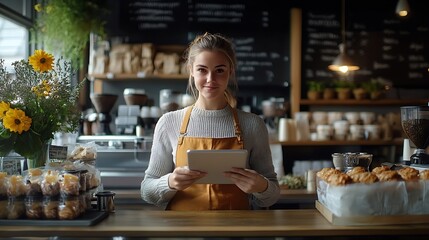 Young woman owner with tablet stands behind the counter of a coffee shop Business concept Takeaway food : Generative AI