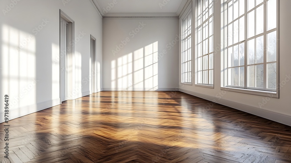 Poster an empty room with wooden floors and white walls there is a large window in the wall to the right : Generative AI