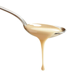 Condensed milk flowing down from spoon isolated on transparent white background, clipping path