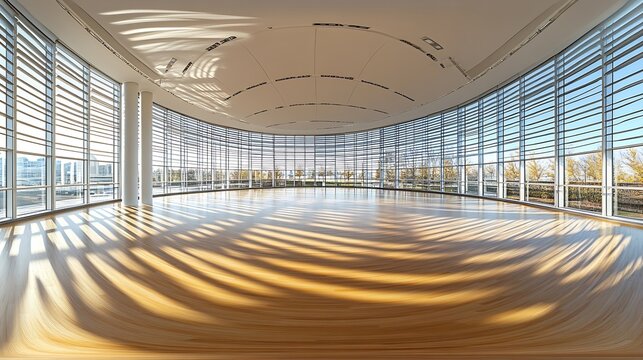 Empty room with with blinds on panoramic windows full seamless spherical hdri panorama 360 in interior large room for conference or assembly hall in equirectangular projection : Generative AI