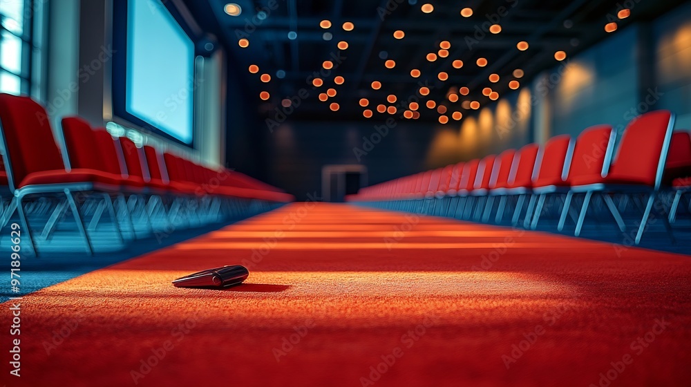 Poster screen chairs and projector in empty conference hall with a red carpet on the floor : generative ai