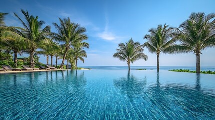 Fototapeta premium Summer beach swimming pool on sunny day with reflection of palm trees tropical landscape exotic island hotel resort concept Luxury infinity pool summer beach landscape tropical paradis : Generative AI