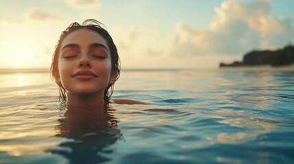 beautiful young woman swimming in an infinity pool next to the ocean : Generative AI