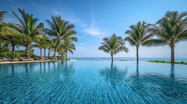 Summer beach swimming pool on sunny day with reflection of palm trees tropical landscape exotic island hotel resort concept Luxury infinity pool summer beach landscape tropical paradis : Generative AI