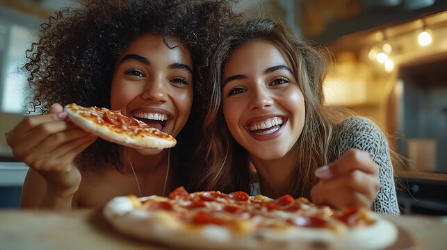 Two diverse young friends laughing together and eating pizza during a dinner together in a friends kitchen : Generative AI